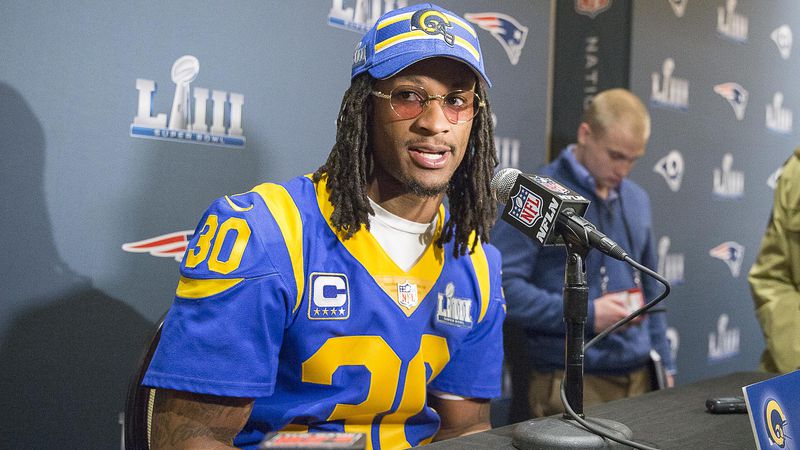 Former University of Georgia star and current Rams running back Todd Gurley speaks to the media during Wednesday's event in Buckhead. (Alyssa Pointer/Alyssa.Pointer@ajc.com)