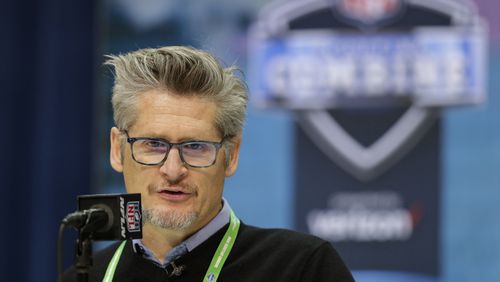 Atlanta Falcons general manager Thomas Dimitroff speaks during a press conference Tuesday, Feb. 25, 2020, at the NFL Scouting Combine in Indianapolis.