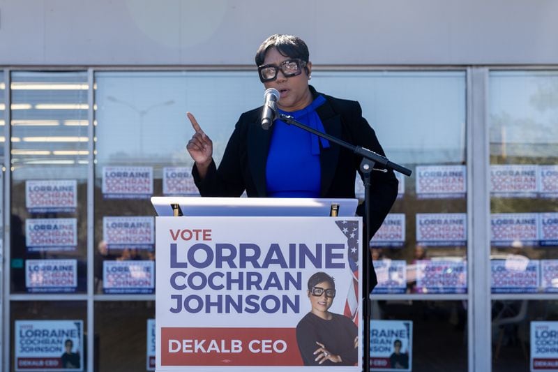 Lorraine Cochran-Johnson, a candidate for DeKalb CEO, speaks to supporters outside of her campaign headquarters in Stone Mountain on Thursday, March 7, 2024. (Arvin Temkar / arvin.temkar@ajc.com)
