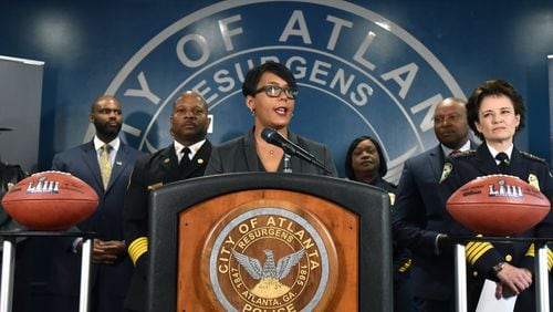 Atlanta Mayor Keisha Lance Bottoms speaks as she stands with members of the Public Safety Executive Steering Committee for Super Bowl LIII during a press conference at Atlanta Public Safety Headquarters in Atlanta on Tuesday, January 15, 2019.