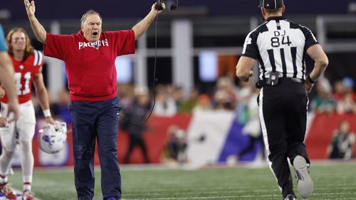 New England Patriots head coach Bill Belichick argues with officials after a call during the fourth quarter of an NFL football game against the Miami Dolphins, Sunday, Sept. 17, 2023, in Foxborough, Mass. (AP Photo/Michael Dwyer)