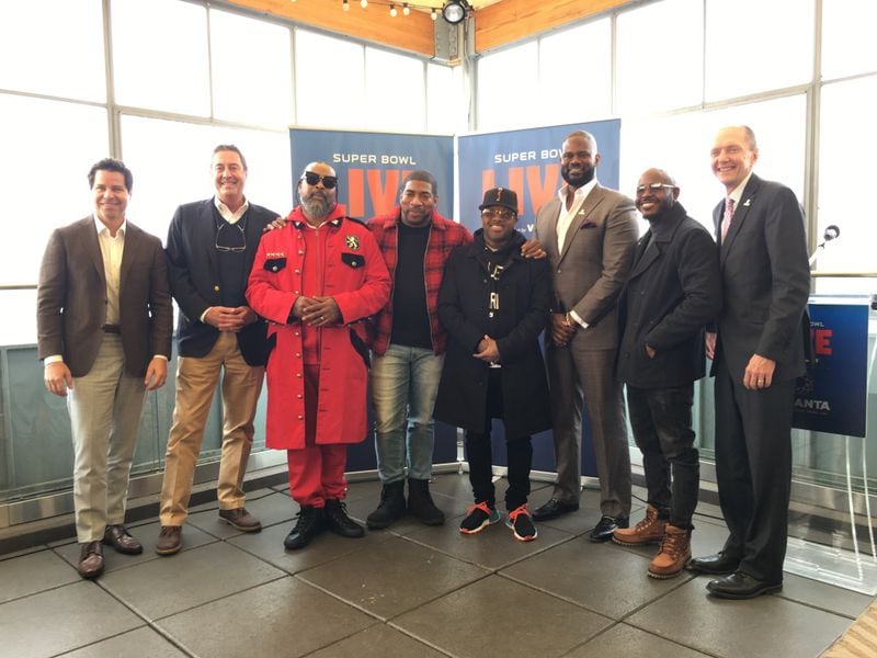 Jermaine Dupri, fourth from right, revealed some of the artists for Super Bowl Live. 