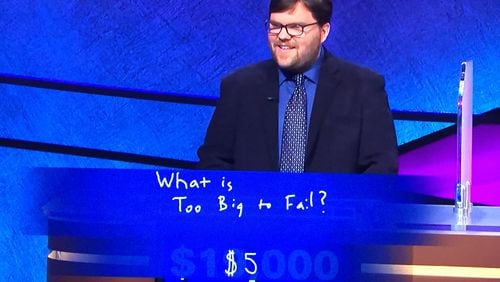 The agony of defeat! Sadly, Seth Wilson was not too big to fail, ahem. His streak ended at 12. CREDIT: Jeopardy