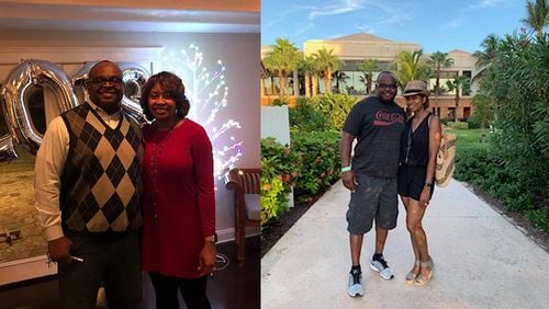 In the photo on the left, taken in December 2017, Sheryl Clark — shown with her husband, Jeffery Clark Sr. — weighed 198 pounds. In the photo on the right, taken in August, she weighed 150 pounds. (Photos contributed by Sheryl Clark)