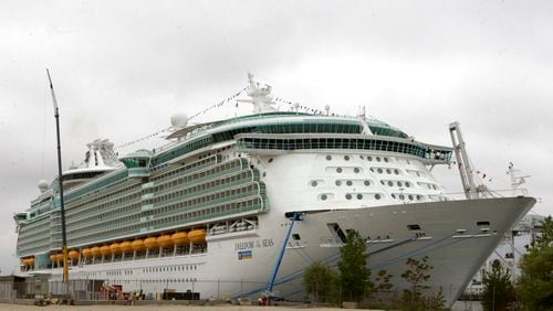 FILE - This May 11, 2006 file photo shows the Freedom of the Seas cruise ship docked in Bayonne, N.J. On Monday, Feb. 24, 2020, Salvatore "Sam" Anello, an Indiana man who was holding his granddaughter before she fell from an open window of the cruise ship and plunged to her death in July 2019 in Puerto Rico, agreed to plead guilty in her death, explaining that he was doing so "to try to help end part of this nightmare for my family." (AP Photo/Mike Derer, File)