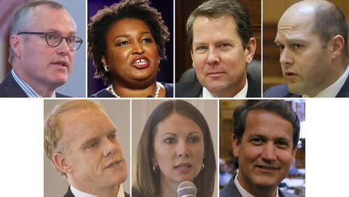 The major-party candidates who are competing for governor in Tuesday’s Georgia primary are, top row, from left, Republican Lt. Gov. Casey Cagle, former state House Democratic leader Stacey Abrams, Republican Secretary of State Brian Kemp, former Republican state Sen. Hunter Hill, bottom row, Republican businessman Clay Tippins, former Democratic state Rep. Stacey Evans and Republican state Sen. Michael Williams.