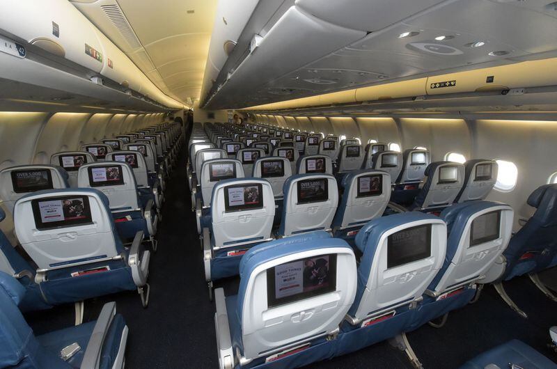 APRIL 29, 2016 ATLANTA The main cabin of the A330-300. It seats 293 passengers. Delta Air Lines shows off some planes in its aircraft fleet during a media day at their Tech Ops hanger at Hartsfield-Jackson International Airport Friday, April 29, 2016. The airline has added new planes and also plans to refurbish the fleet of existing aircraft. KENT D. JOHNSON /kdjohnson@ajc.com