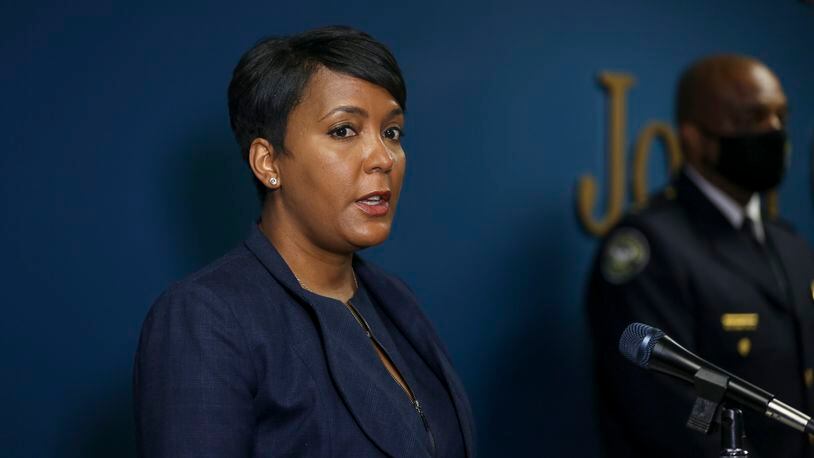 Atlanta Mayor Keisha Lance Bottoms speaks at a press conference at the Atlanta Public Safety Headquarters on Tuesday, May 4, 2021. (Rebecca Wright for the Atlanta Journal-Constitution)