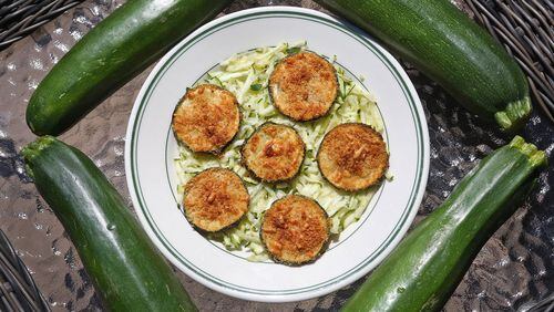 Zucchini Parmesan Crisps float on a bed of shredded zucchini on Wednesday, Aug. 23, 2017, in St. Louis. (J.B. Forbes/St. Louis Post-Dispatch/TNS)