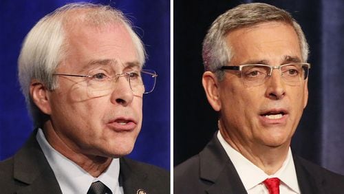 Democrat John Barrow and Republican Brad Raffensperger appear to be headed for a December runoff election. File photos.