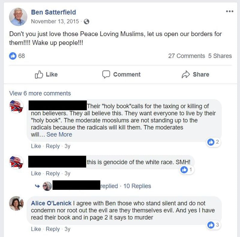 A 2015 Facebook post and subsequent comment made from the accounts of Gwinnett elections board members Ben Satterfield and Alice O'Lenick. (SCREENSHOT)