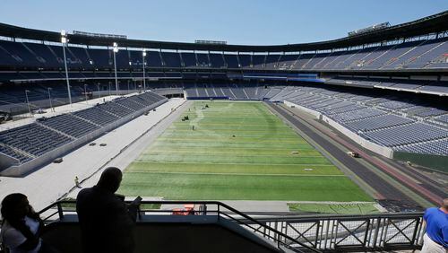 View from the clubhouse level on the north end of the stadium looking toward where home plate used to be.   New Georgia State University head football coach Shawn Elliott was on hand for a media tour of the Georgia State Football Stadium, formerly Turner Field.  BOB ANDRES  /BANDRES@AJC.COM
