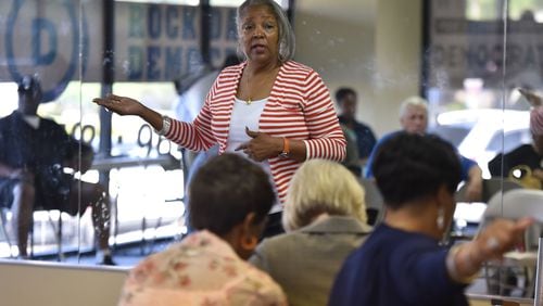 Elaine Davis-Nickens, Chair of the Rockdale County Democratic Party, speaks during a general meeting at Rockdale County Democratic Party office in Conyers on Saturday, May 23, 2015.