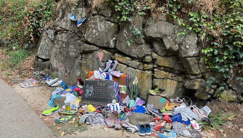 It's hard to miss Pre's Rock, the memorial for beloved Oregon track star Steve Prefontaine, when one drives to the top of Skyline Boulevard in Eugene, Ore. (Photo by Chip Towers/ctowers@ajc.com)
