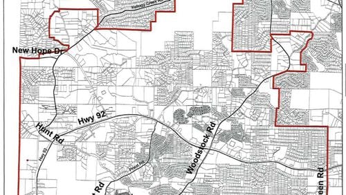 Map depicts the area of southwest Cherokee County subject to a recently enacted, 90-day moratorium on rezoning and special use permits. CHEROKEE COUNTY
