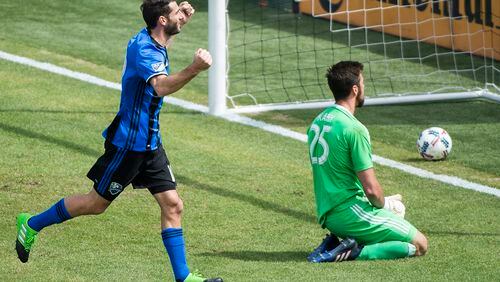 Montreal Impact’s Iganacio Piatti reacts after scoring a penalty against Atlanta United’s goalkeeper Alec Kann during first half of an MLS soccer game in Montreal, Saturday, April 15, 2017. (Graham Hughes/The Canadian Press via AP)