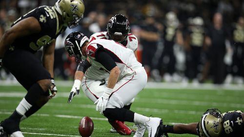 Falcons quarterback Matt Ryan fumbles at New Orleans last year during a 31-17 loss to the Saints.  (Photo by Chris Graythen/Getty Images)