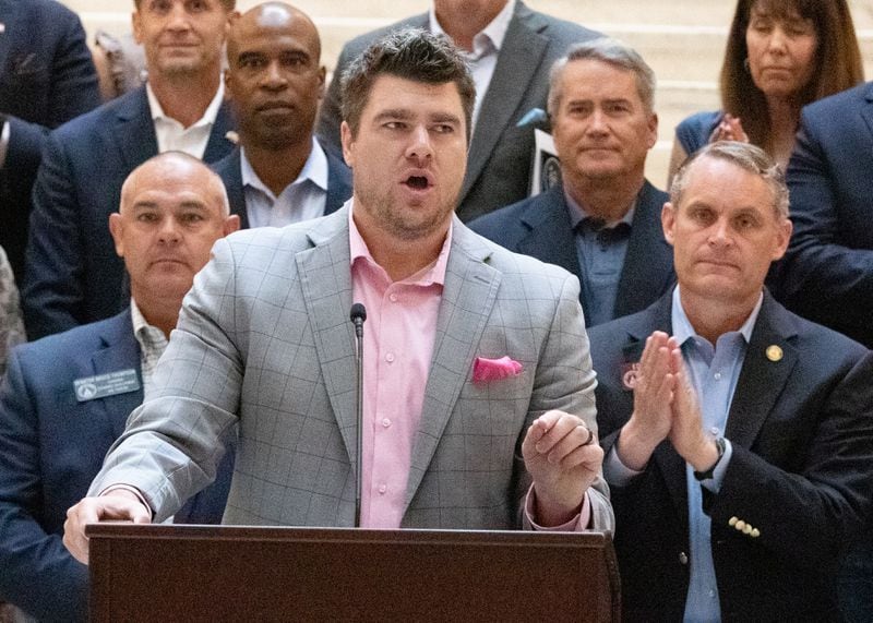 Frontline Policy president Cole Muzio speaks at an anti-abortion press conference in the state capital Friday, May 6, 2022. (Steve Schaefer / steve.schaefer@ajc.com)
