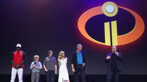ANAHEIM, CA - JULY 14:  (L-R) Actors Samuel L. Jackson, Huck Milner, Sarah Vowell, Holly Hunter, and Craig T. Nelson and director Brad Bird of The Incredibles 2 took part today in the Walt Disney Studios animation presentation at Disney's D23 EXPO 2017 in Anaheim, Calif.  (Photo by Jesse Grant/Getty Images for Disney)