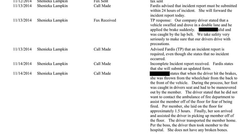 This report shows that after a Medicaid patient reported that she flew from her wheelchair and was hit in the head when a driver suddenly braked, the transport company initially denied that any incident had occurred. Later, the company acknowledged what happened and said the driver did not call an ambulance or the fire department for fear of being fired. SPECIAL