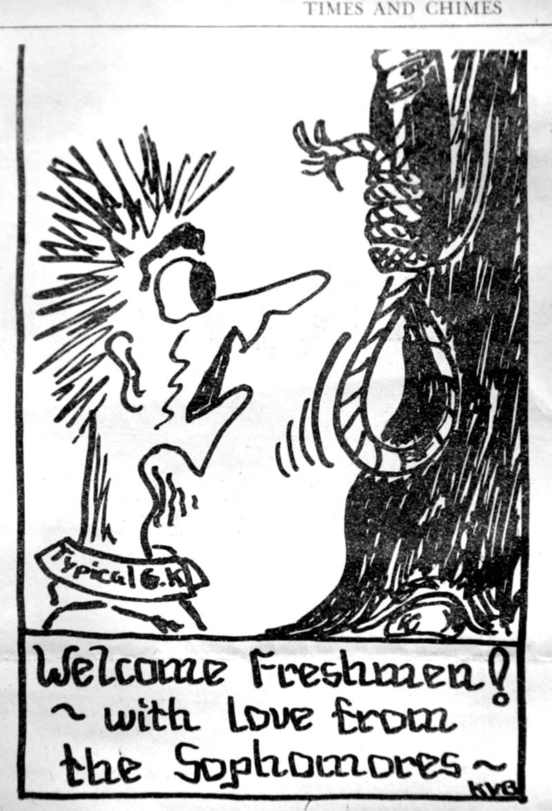 This cartoon from the school newspaper greeted incoming freshmen in 1968, the year that some of the first African American students enrolled at Wesleyan. COPY PHOTO