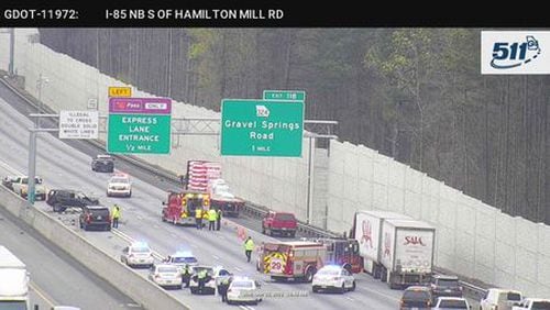 Gwinnett County emergency vehicles responded to a serious crash with injuries on I-85 South near Hamilton Mill Road.