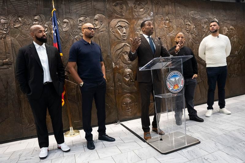 Troy Millings, Rashad Bilal, Mayor Andre Dickens, Matthew Garland, and Michael MacDonald announce the details for Atlanta's fourth annual Invest Fest, at Atlanta City Hall on Friday, March 22, 2024. (Olivia Bowdoin for the AJC).