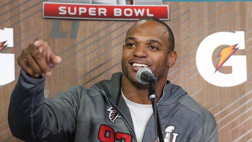 January 30, 2017, Houston: Falcons Dwight Freeney takes a question on Super Bowl Opening Night on Monday, Jan. 30, 2017, at Minute Maid Park in Houston. Curtis Compton/ccompton@ajc.com