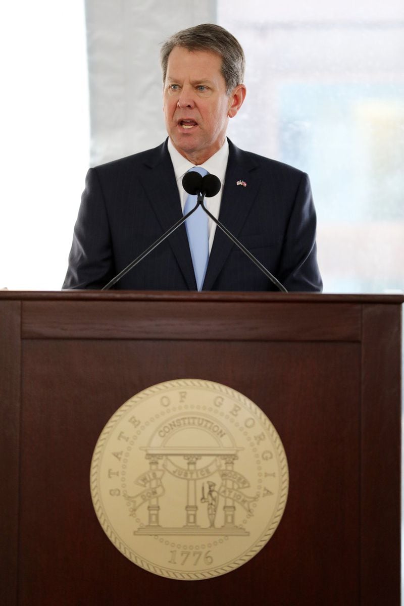 Gov. Brian Kemp speaks on Tuesday, Feb. 11, 2020, in Atlanta at the dedication ceremony for the new Nathan Deal Judicial Center, named for Georgia’s previous governor. (credit: Miguel Martinez for The Atlanta Journal-Constitution)