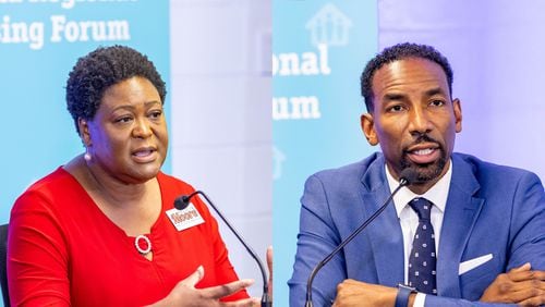 Andre Dickens and Felicia Moore participate in the Atlanta Regional Mayoral Forum, moderated by Bill Bolling, and centered around Atlanta's housing challenges and takes place in two parts Wednesday, Oct 6, 2021.     (Jenni Girtman for The Atlanta Journal-Constitution)