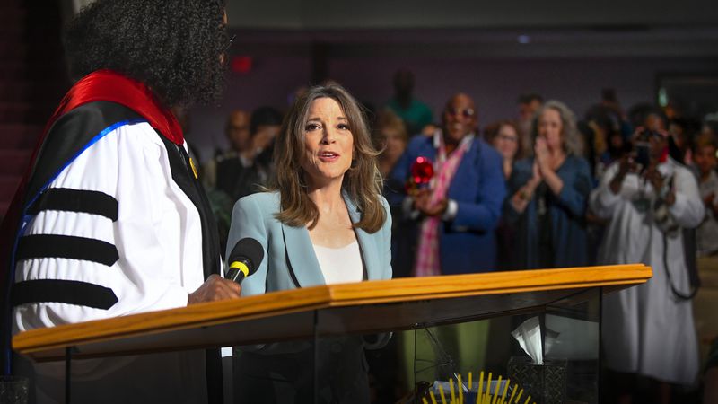 Democratic presidential candidate and author Marianne Williamson is introduced by Bishop Barbara L. King before delivering the sermon and signing books at Hillside International Truth Center in Atlanta on Sunday, September 1, 2019. Williamson is among a crowded field of Democratic candidates vying for the nation's top job. 