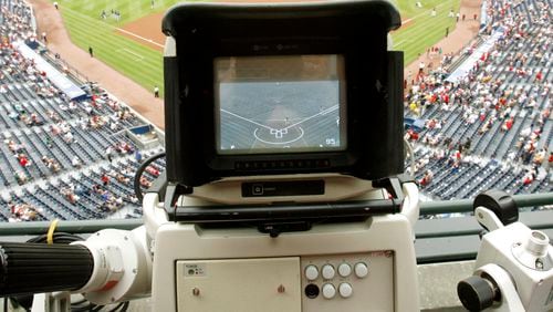 Camera aims down at field before a Braves games at Turner Field.