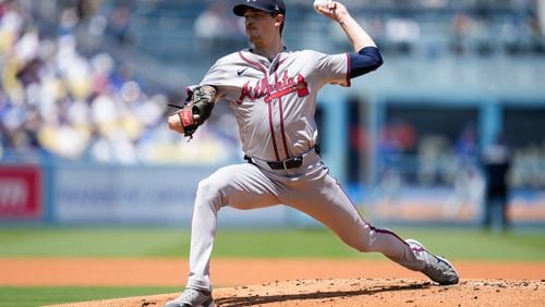 Atlanta Braves starting pitcher Max Fried throws during the first inning of a baseball game against the Los Angeles Dodgers in Los Angeles, Sunday, May 5, 2024. (AP Photo/Ashley Landis)