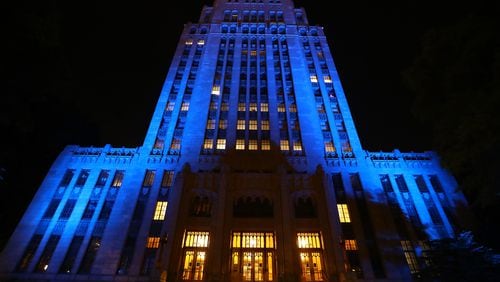 April 9, 2020 Atlanta: Atlanta City Hall is bathed in blue as part of an initiative to salute essential workers on the frontlines of the coronavirus pandemic on Thursday, April 9, 2020, in Atlanta. The Light It Blue event includes more than 150 major sports and entertainment venues and historic landmarks and buildings across the United States. Curtis Compton ccompton@ajc.com