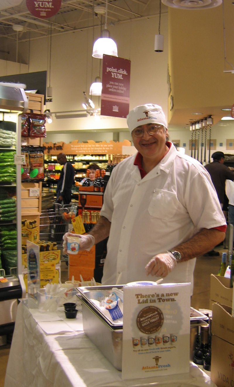  Getting out to talk to customers is one way Ron Marks gets ideas for new flavors for AtlantaFresh Artisan Creamery yogurts. Here, he is at the Briarcliff Road Whole Foods. Photo credit: AtlantaFresh Artisan Creamery