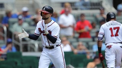 Ender Inciarte was excited after his home run Wednesday against the Cubs at SunTrust Park. The center fielder was out of the lineup for a rest Monday for just the second time in 98 games. Chad Rhym/Chad.Rhym@ajc.com
