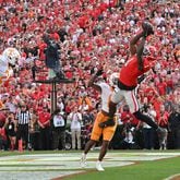 November 5, 2022 Athens - Georgia's wide receiver Marcus Rosemy-Jacksaint (1) catches a touchdown pass during the first half in an NCAA football game at Sanford Stadium in Athens on Saturday, November 5, 2022. (Hyosub Shin / Hyosub.Shin@ajc.com)