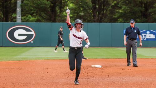 Georgia outfielder Sydney Chambley (9) during Georgia’s game against Virginia Tech in the regional final of the Athens regional of the 2023 NCAA Division I Softball Championship in Athens, Ga., on Saturday, May 20, 2023. (Tony Walsh/UGAAA)