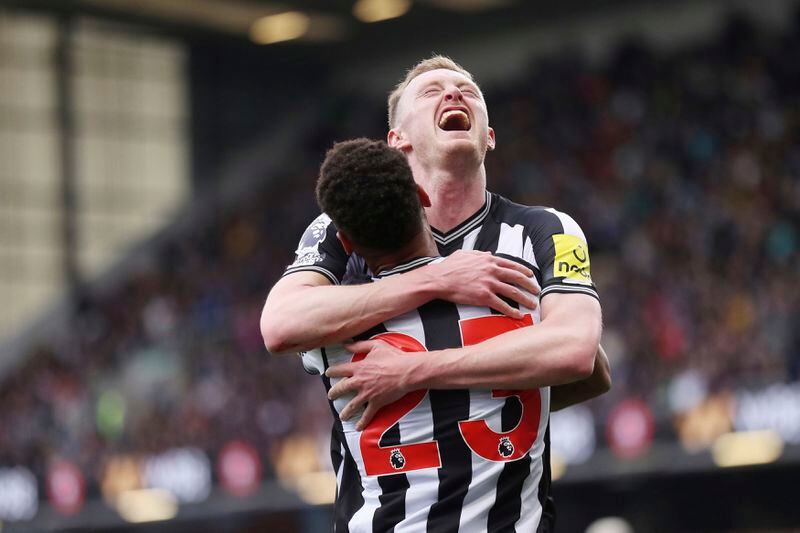 Newcastle United's Sean Longstaff celebrates scoring his side's second goal of the game, during the English Premier League soccer match between Burnley and Newcastle United, at Turf Moor, in Burnley, England, Saturday, May 4, 2024. (Tim Markland/PA via AP)