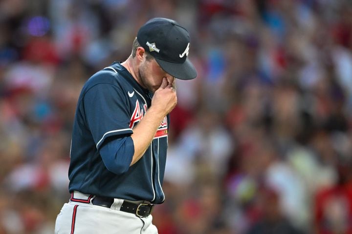 Atlanta Braves starting pitcher Bryce Elder (55) leaves the field after giving up six runs to the Philadelphia Phillies in the third inning of NLDS Game 3 in Philadelphia on Wednesday, Oct. 11, 2023. The Braves lost 10-2.    (Hyosub Shin / Hyosub.Shin@ajc.com)