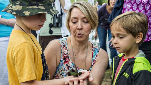 August 29, 2015 Kennesaw - Hugh Granden (left) helps release a hummingbird back into the wild with the help of Julia Elliott as Ricardo Irizarry watches during the Hummingbird Banding Festival at the Smith Gilbert Gardens in Kennesaw on Saturday, August 29, 2015. The fifth annual event helps identify hummingbirds as they migrate to Mexico while providing fun and education for people attending the event. JONATHAN PHILLIPS / SPECIAL