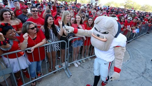 October 28, 2017 Jacksonville: Georgia mascot Hairy Dawg high fives fans as the team arrives at EverBank Field for the Dawg Walk through fans for the Georgia-Florida game on Friday, October 27, 2017, in Jacksonville. Curtis Compton/ccompton@ajc.com