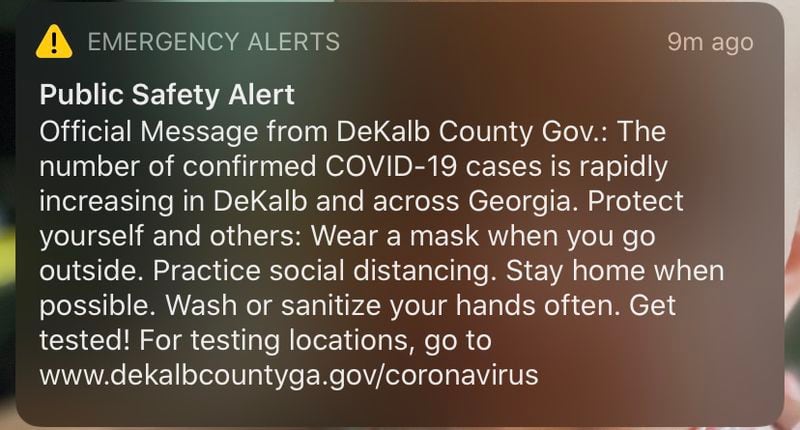 An alert sent to DeKalb County residents Thursday morning reminding them to take COVID-19 related precautions.