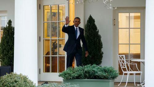 President Barack Obama waves as he leaves the Oval Office at the White House in Washington, Friday, Jan. 20, 2017. (AP Photo/Evan Vucci)