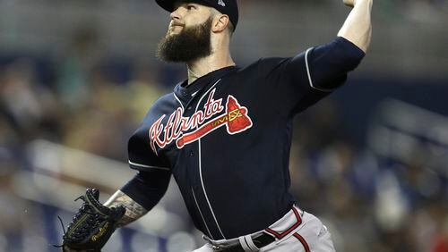 Atlanta Braves pitcher Dallas Keuchel delivers the ball to a Miami Marlins during the first inning of a baseball game Thursday, Aug. 8, 2019, in Miami. (AP Photo/Luis M. Alvarez)