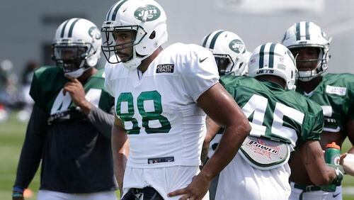 New York Jets' Austin Seferian-Jenkins watches a drill during a NFL football training camp in Florham Park, N.J., Monday, July 31, 2017. (AP Photo/Seth Wenig)