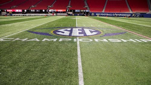 The SEC championship logo is displayed on the field of Mercedes Benz Stadium, Friday, November 30, 2018. Georgia will play the Alabama in the 2018 SEC Championship game on Saturday.