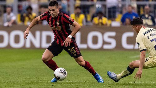 Atlanta United midfielder Manuel Castro #15 dribbles the ball during the second half of the first leg match between Atlanta United FC and Club America in the quarterfinal round of the 2020 Scotiabank Concacaf Champions League at Estadio Azteca in Mexico City, Mexico, on Wednesday March 11, 2020. (Photo by Jacob Gonzalez/Atlanta United)