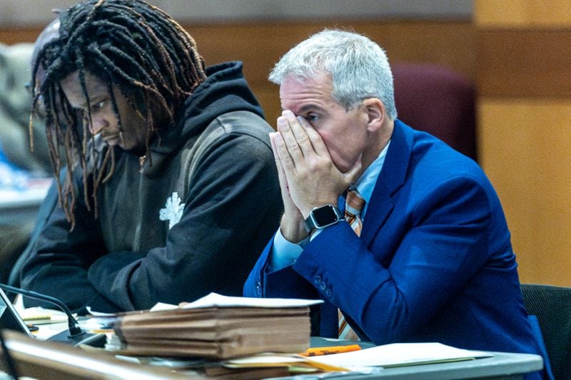 Atlanta rapper Young Thug sits next to his defense attorney Brian Steel during jury selection in the “Young Slime Life” gang case at the Fulton County Courthouse Tuesday, Sept. 26, 2023. (Steve Schaefer/steve.schaefer@ajc.com)  (Steve Schaefer/steve.schaefer@ajc.com)