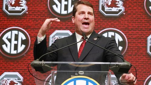 July 19, 2018 Atlanta: South Carolina head coach Will Muschamp holds his SEC Media Days press conference at the College Football Hall of Fame on Thursday, July 19, 2018, in Atlanta.     Curtis Compton/ccompton@ajc.com